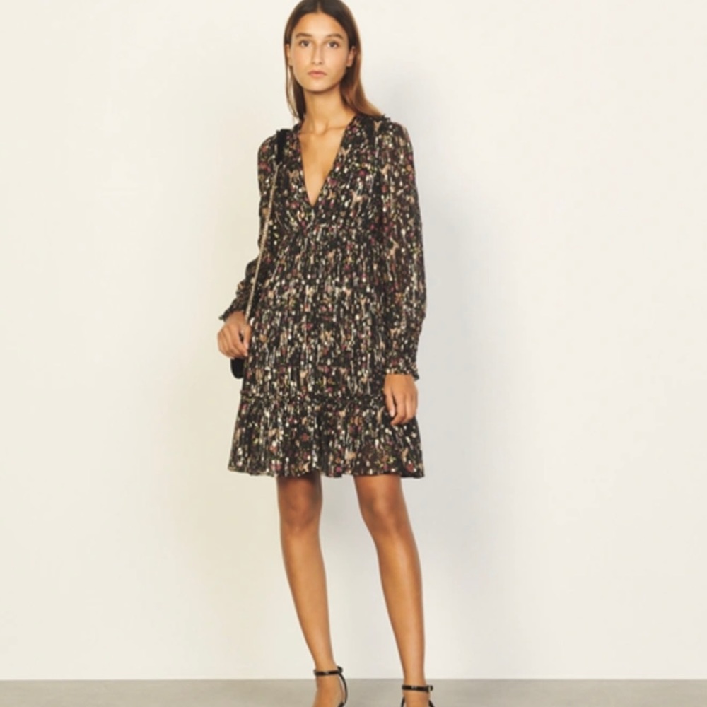 Sandro Dinna Short Printed Mini Dress with Metallic; Size 42; NWT